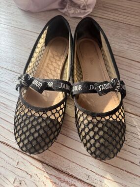 Dior Black Mesh J'Adior Strap Ballet Flats